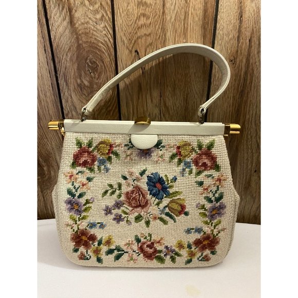 Medium Size Floral Petit Point Women Handbag - Picture 13 of 16